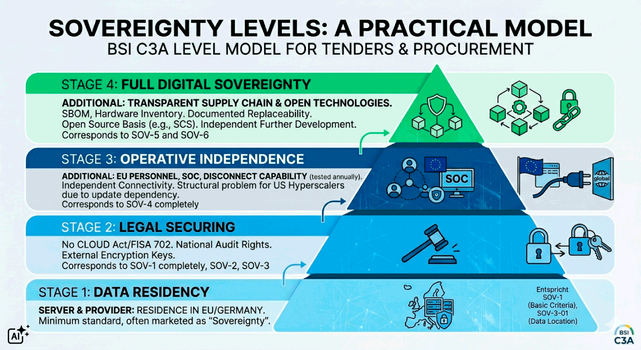 Four-stage cloud sovereignty model from ScaleUp Technologies presented as a pyramid: Stage 1 - Data residency, Stage 2 - Legal protection (no Cloud Act access, external keys, national audit rights), Stage 3 - Operational independence enables self-sufficient operation and Stage 4 (highest) - Complete digital sovereignty with full open source basis, SBOM and transparent supply chain.